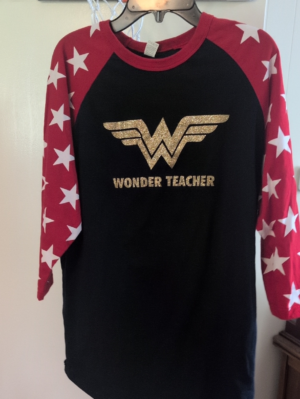 Wonder Teacher Long Sleeve Raglan Tee - Black and Red